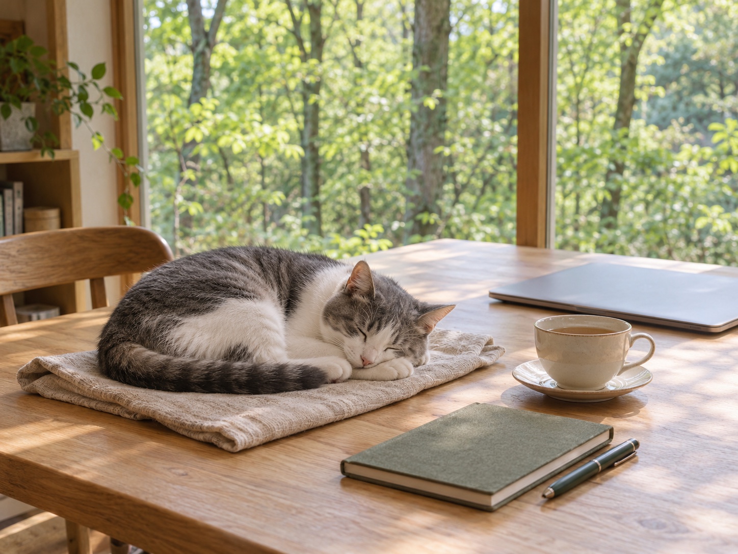 新緑と朝日の窓辺で、仕事道具のそばに眠る猫